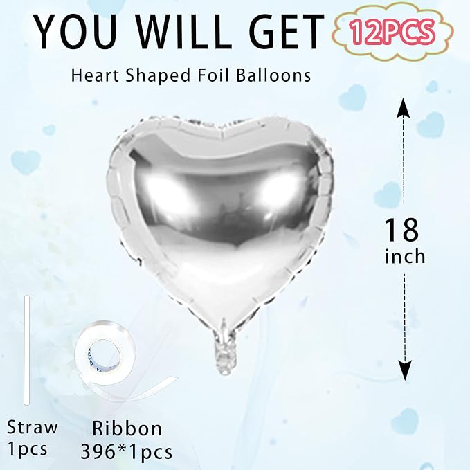Silver Heart Balloons, 18inch Bright Silver Heart Shaped Foil Balloons 12Pcs - Image 2
