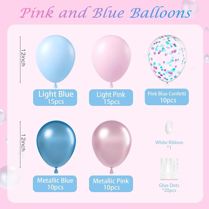 61pcs Pink and Blue Balloons, 12 Inch Macaron and Metallic Blue Pink Latex - Image 2