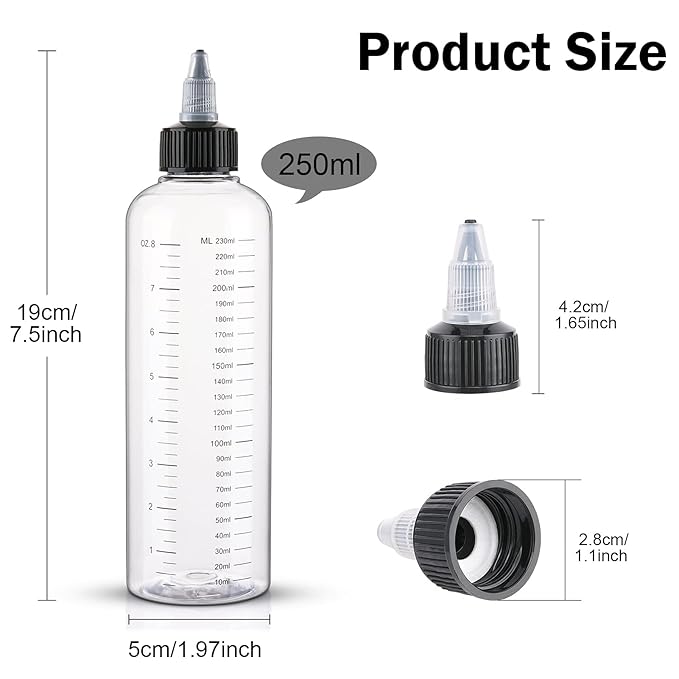 Cosywell Applicator Bottle for Hair Dye 8.5oz 3 Pack With Graduated Scale, Twist-On Top Tip Cap, Empty Plastic Color Oil Squeeze Bottles