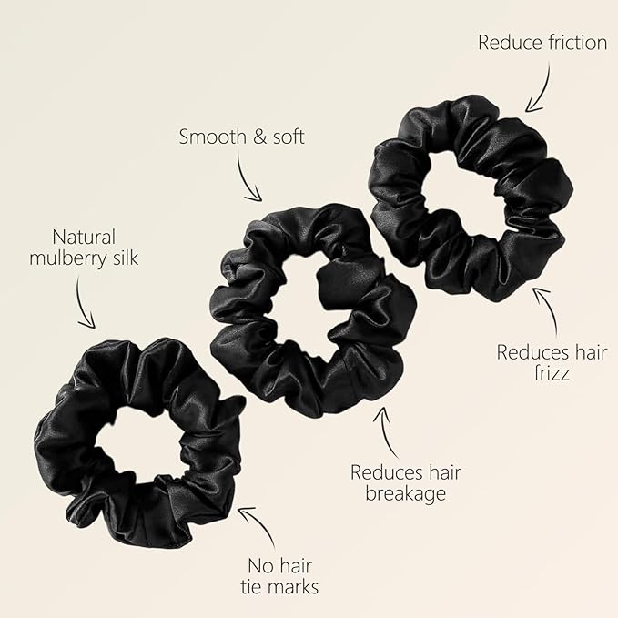 ZIMASILK 100% Mulberry Silk Hair Scrunchies, Best For Women And Girls’ Hair 19 Momme Elastic Hair Bands for Ponytail Holder Gentle And No hurt (3 Pack, Black)
