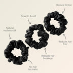 ZIMASILK 100% Mulberry Silk Hair Scrunchies, Best For Women And Girls’ Hair 19 Momme Elastic Hair Bands for Ponytail Holder Gentle And No hurt (3 Pack, Black)