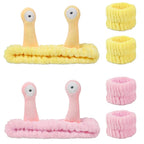 Snail Face Wash Headband Skincare & Wrist Bands for Washing Face Set Cute Spa Headband for Women and Wrist Faces Wash Bands for Shower, Facial Cleaning, Soft Coral Fleece Makeup Headbands,Yellow＆Pink