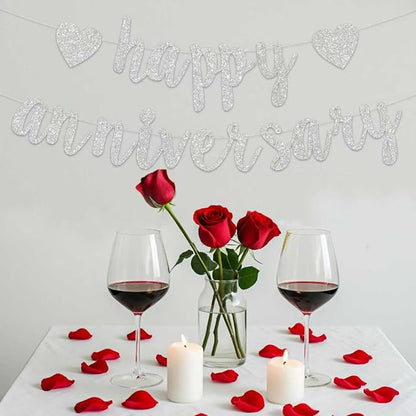 Pre-Strung Happy Anniversary Banner Bunting Silver Hanging Sign Garland - Image 2