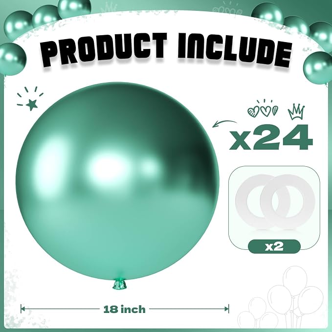 Metallic Green Balloons 18 Inch 24 Pack Matte Helium Latex Round Balloons - Image 2