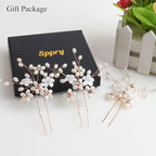 Elegant Pearl Wedding Hair Pins, Bendable Floral Crystal Hair Accessories for Bridal Women, Pack of 3 (Rose Gold)