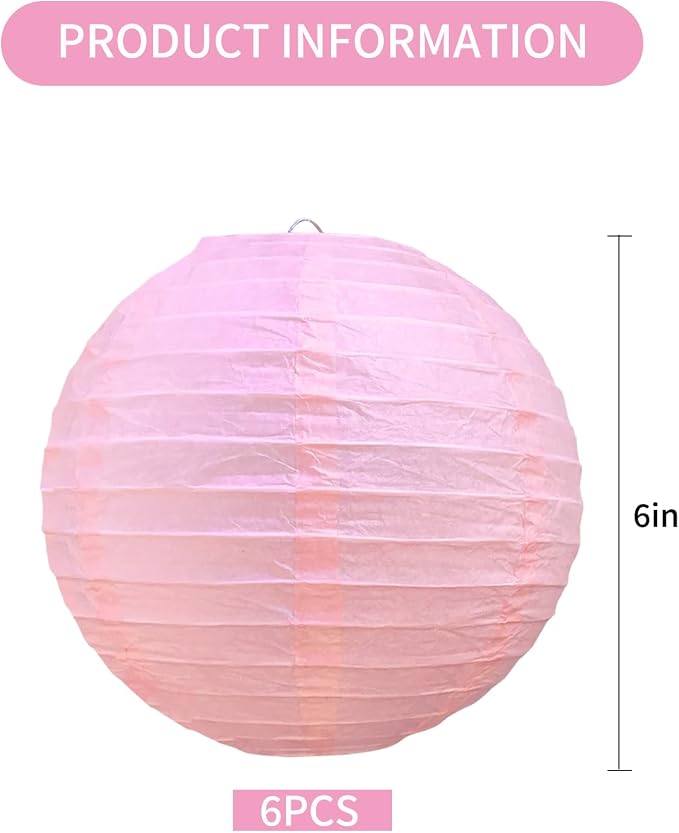 BEISHIDA 6 Inch Pink Paper Lanterns 6 Packs Hanging Round Chinese Lantern | - Image 2