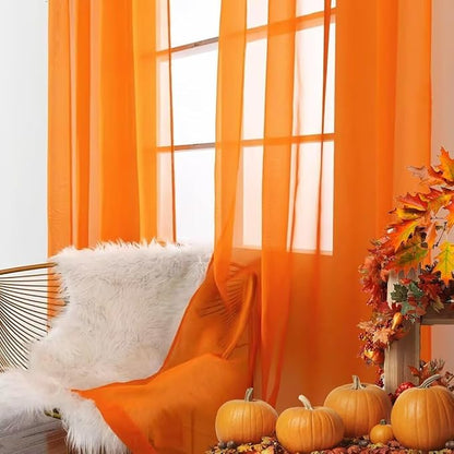 SpaceDresser Basic Rod Pocket Sheer Voile Window Curtain Panels Orange 2 Panels - Image 4