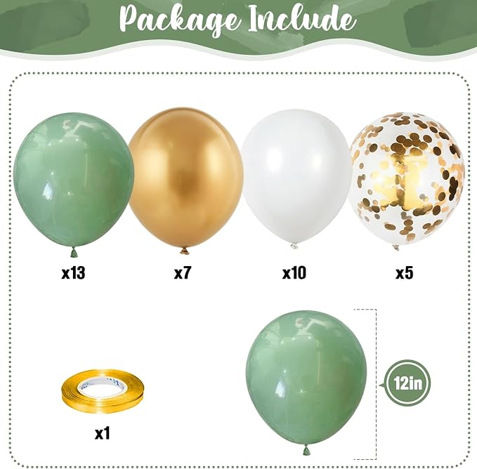 Dusty Sage Green and Gold Balloons, 12 Inch Retro Olive Green White Gold Latex - Image 2