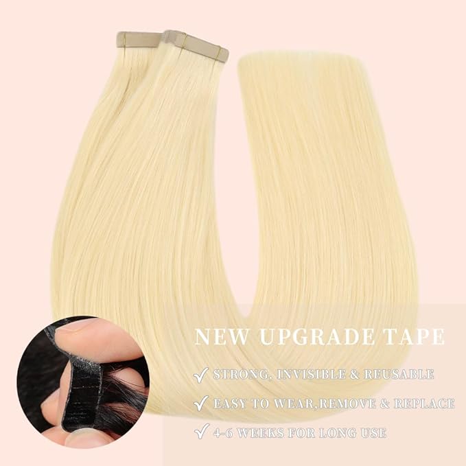 Tape in Hair Extensions Human Hair Color 60 Platinum Blonde Real Hair Extensions Remy 14 Inch Natural 20pcs invisible(60#,14 Inch)
