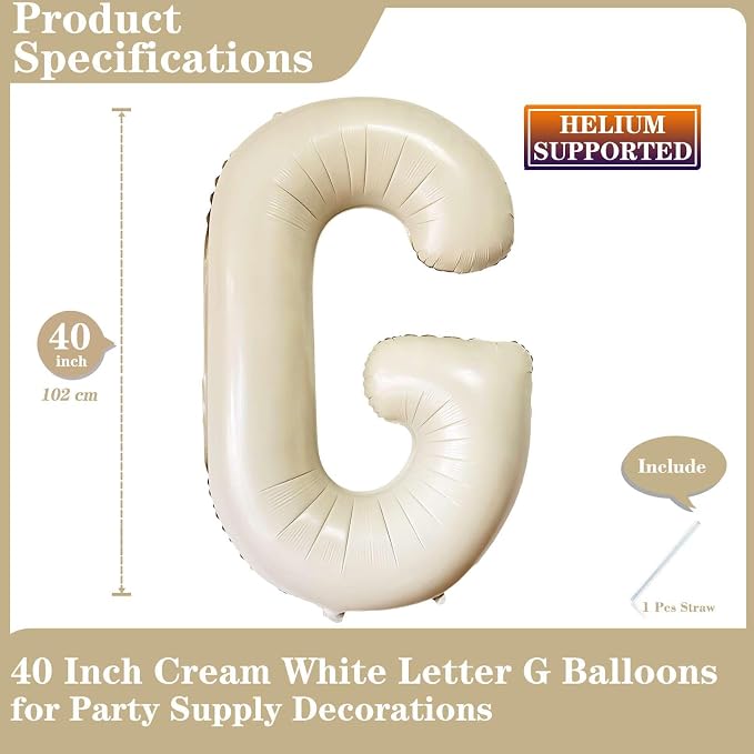 Cream White Letter G Balloons, 40 Inch Giant Letter Balloons G Foil Mylar - Image 2