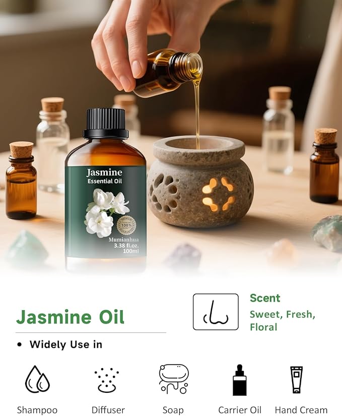Pure Jasmine Essential Oil for Bedtime Atmosphere, Evening Relaxation & Pillow Mist, Mumianhua Natural Floral Bliss for Diffuser, Skin, Hair Care, Calming Blends, Perfume, Candle Making 3.38 Fl Oz