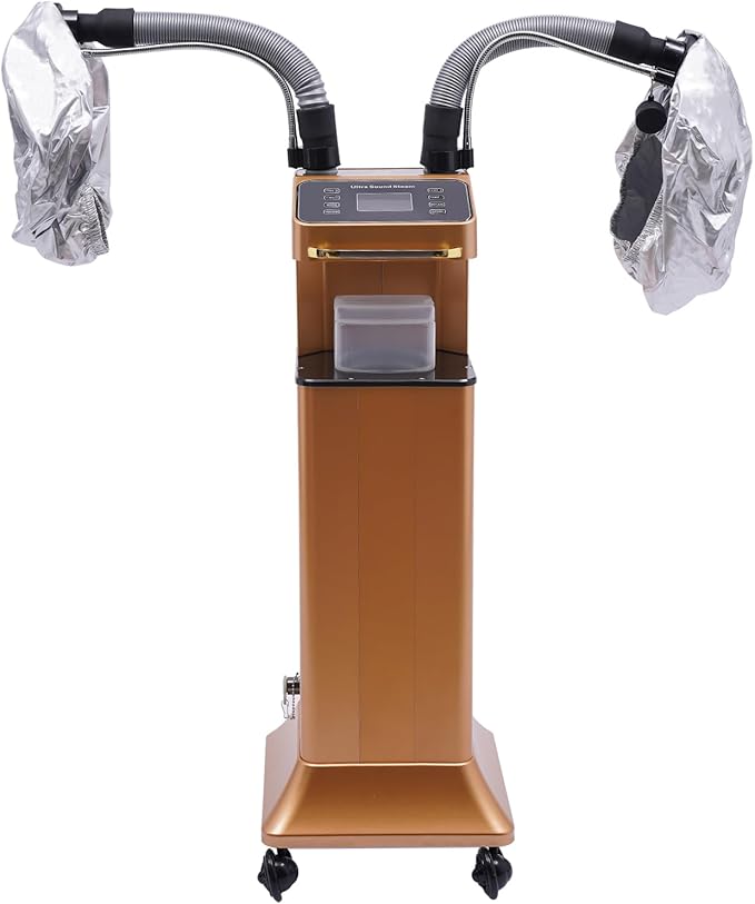 Nano Hair Steamer with 2 Vaporizing Caps, Standing Professional Micro Mist Hair Processor with Rolling Wheels, 650W 110V Nano Hair Steamer Machine, Multifunctional Hair Steamer for Hair Care (Gold)