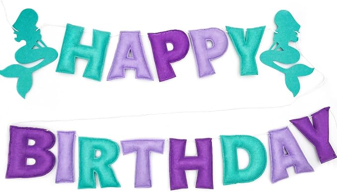 Pre-Strung 3D Felt Mermaid Happy Birthday Banner, Birthday Party Decorations | by Unknown