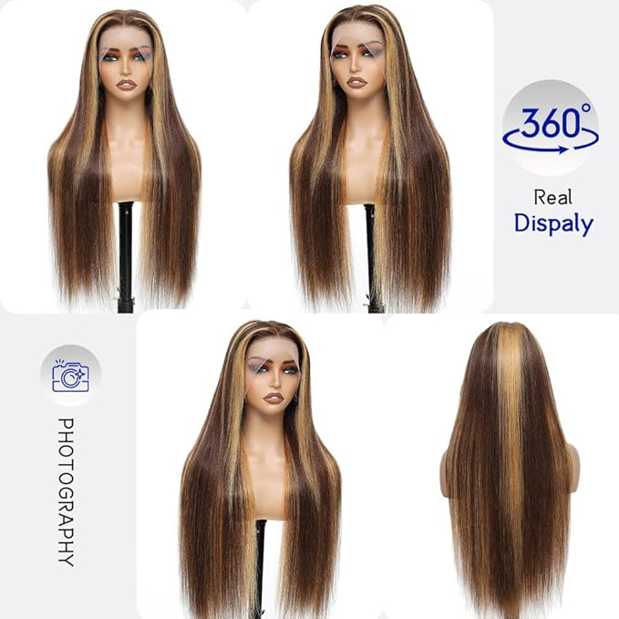 13x6 Lace Front Wigs Human Hair Highlight Ombre HD Lace Frontal Wig Pre Plucked Tangle-Free 200 Density Brown 4/27 Colored Real Virgin Human hair Wig Can Last 6-9 Months 28 Inch