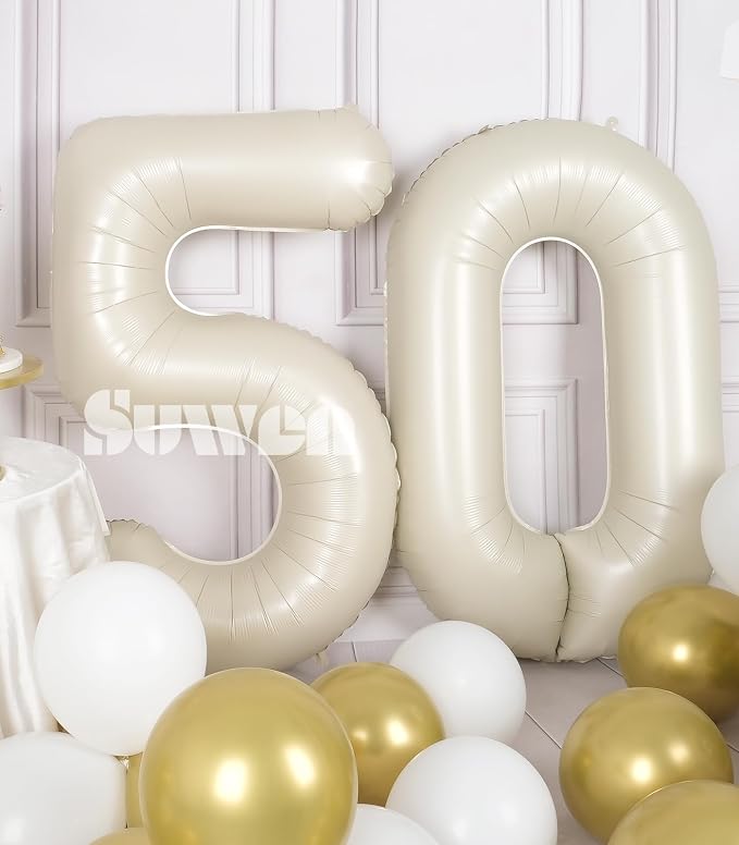 SUWEN 40 Inch Large Cream White 50 Balloon Numbers Big Foil Helium Number - Image 4