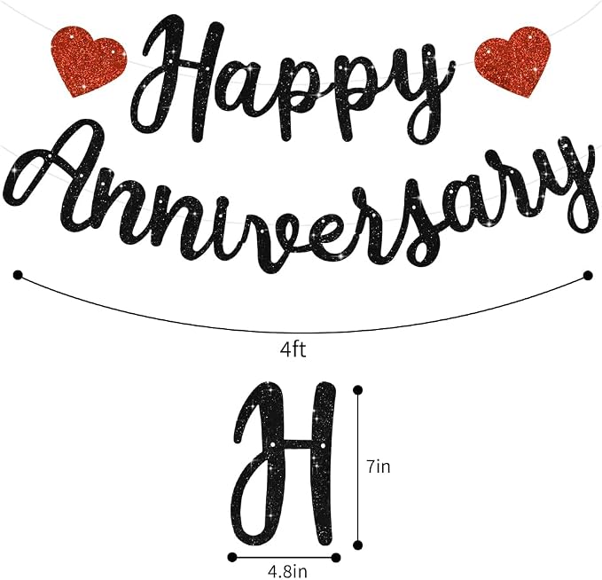BEISHIDA Pre-Strung Glitter Black Happy Anniversary Banner Wedding Decor | - Image 2