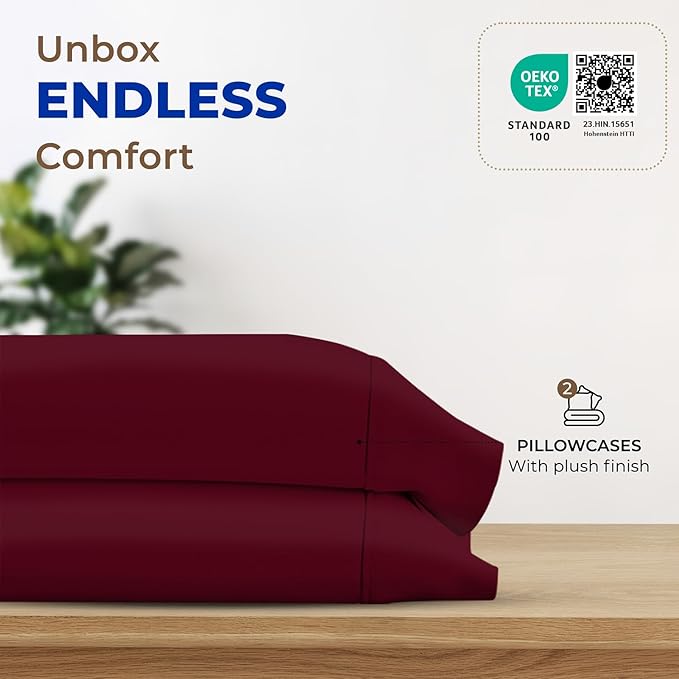 THREAD SPREAD 100% Egyptian Cotton Pillow Cases - 1000 Thread Count Pillow Cases Queen/Standard Size Set of 2, Soft & Breathable Extra Long Staple Sateen Weave Cotton Pillow Cover for Bed - Burgundy
