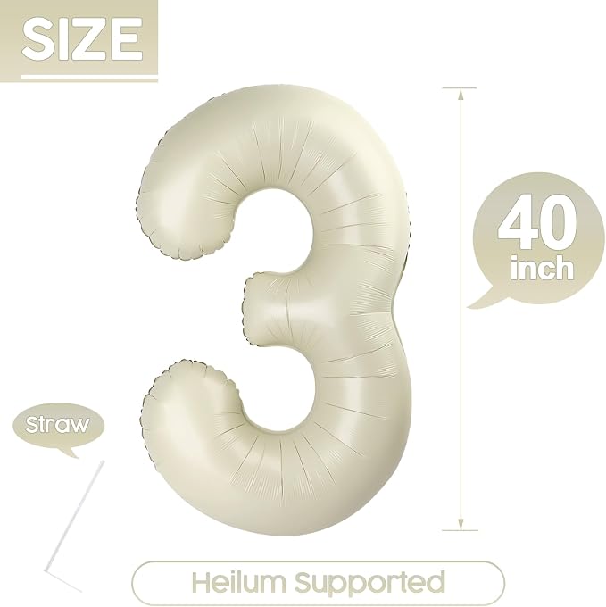 3 Balloon - Cream Birthday Number Balloons, 40 Inch Decorations Men Women | - Image 5