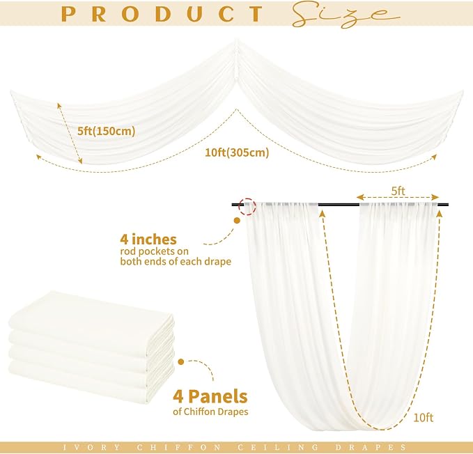 4 Panels Ivory Ceiling Drapes for Wedding 5ftx10ft Arch Draping Fabric Sheer - Image 2