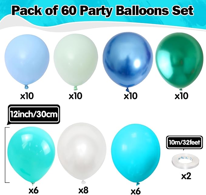 Blue Green Teal Balloons 60 Pcs Ocean Blue Green Pearl White Balloons 12 Inch - Image 2
