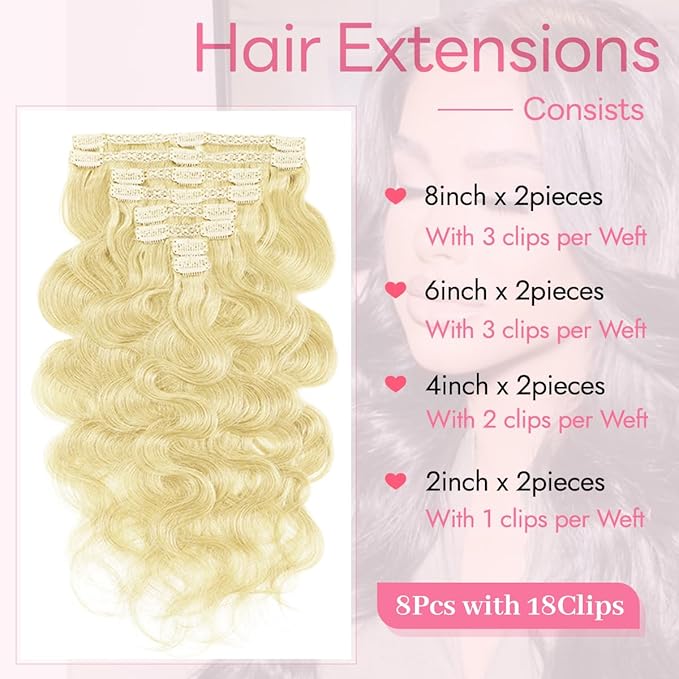Clip in Hair Extensions Real Human Hair Body Wave 613 Bleach Blonde Clip in 100% Brazilian Remy Human Hair Extensions 8pcs Per Set with 18 Clips Double Weft 20 Inch 105g/3.6oz