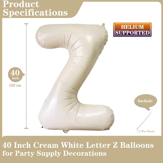 Cream White Letter Z Balloons, 40 Inch Giant Letter Balloons Z Foil Mylar - Image 2