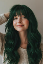 24 Inch Forest Green Wavy Wig with Bangs, Heat Resistant Synthetic Hair for Women, Adjustable Cap with Snap Clips for Daily Use, Wedding, Cosplay