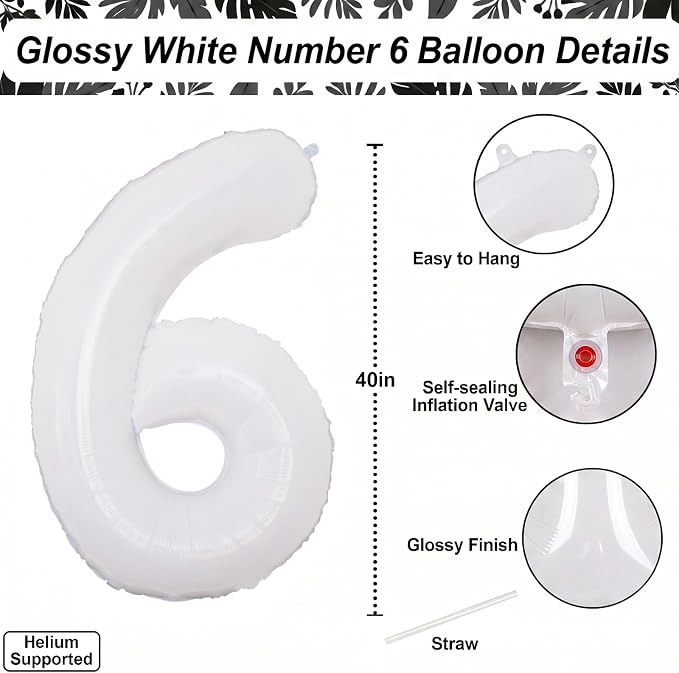 White Number 6 Balloon 40 Inch, Large White Foil Mylar 6th Birthday Decorations - Image 4