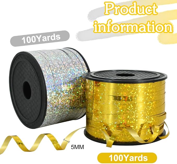 BEISHIDA 2 Pack 100 Yards Gold Silver Glitter Ribbon Balloon String Shiny - Image 2