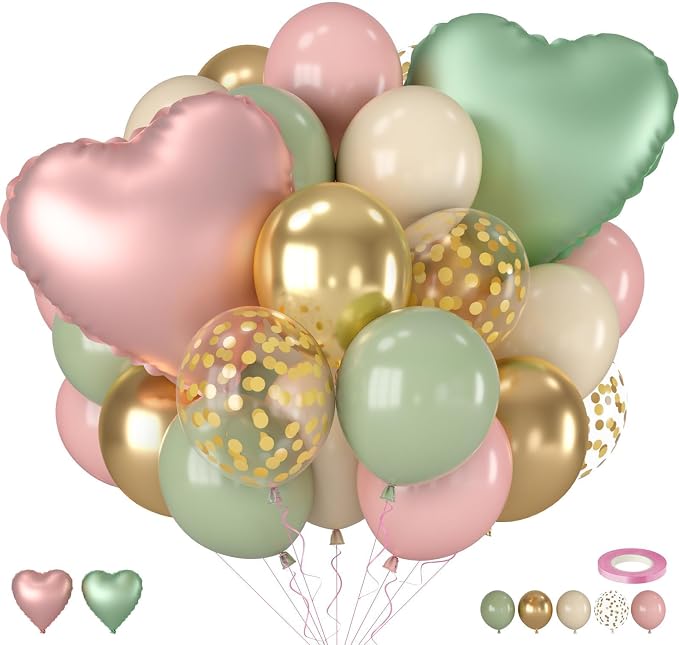 Pink and Green Balloons, 12 Inch Retro Sage Green Pink Nude Metallic Gold by Saxuxu