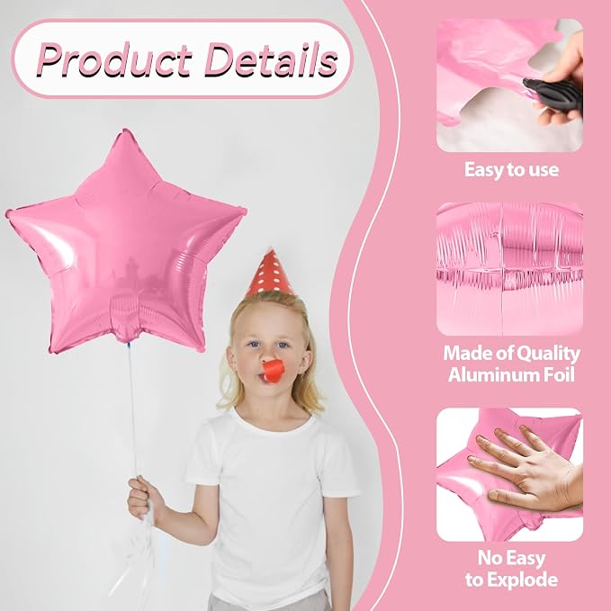 Pink and Silver Star Foil Balloons, 18 Inch Metallic Glitter Stars Balloons - Image 3