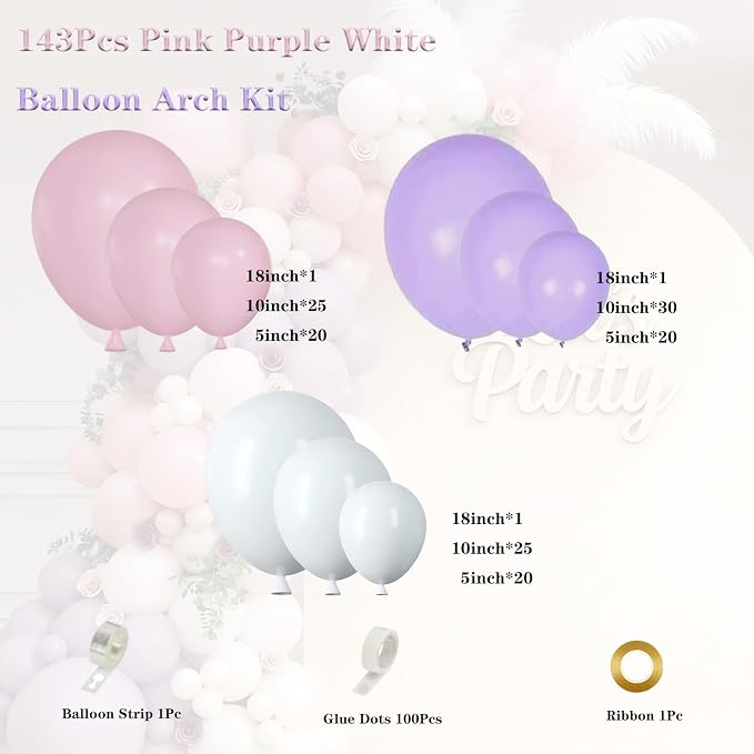 Pink Purple White Balloon Garland Arch Kit 143Pcs Lavender Light Pastel Purple - Image 2