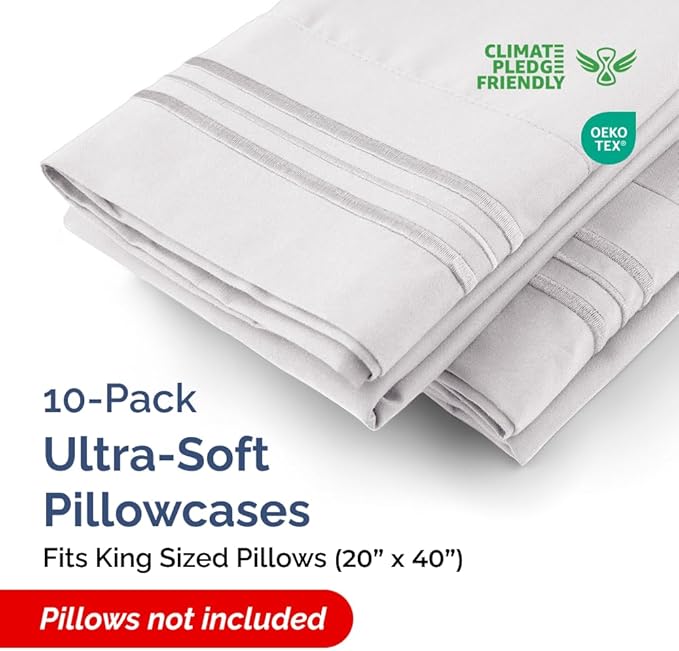King Pillow Cases Set of 10 - Ultra Soft Hotel Quality Pillowcase Covers - Comfy, Cozy & Wrinkle Free - Shrink, Stain and Fade Resistant - Machine Washable Pillow Protectors - 10 Pcs Set - French Grey