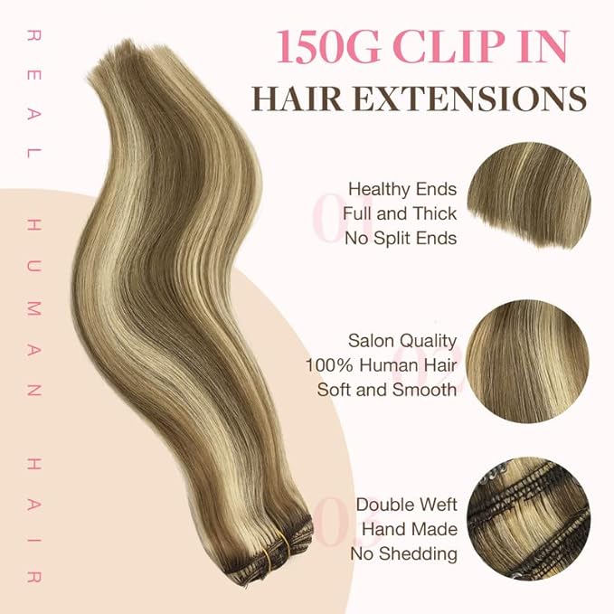 GOO GOO Clip in Hair Extensions Real Human Hair, Remy Human Hair Extensions Clip ins for Women, Natural Human Hair, 16inch 150g 9Pcs, 8A/22 Medium Brown Highlighted Golden Blonde