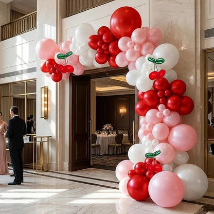 Red Pink Balloon Arch Double Stuffed Latex Pink White Pearl Balloons Red Green - Image 7