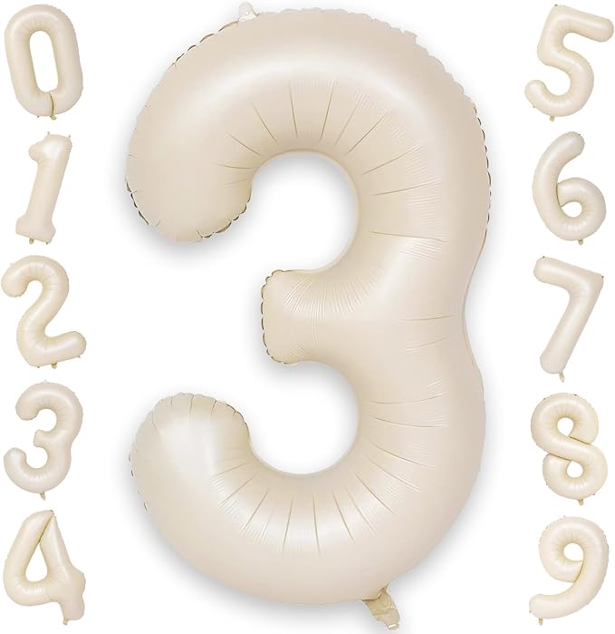 40 Inch Beige Numbers Balloons 3, Large Self Inflating Cream White Digit 3 by KAINSY