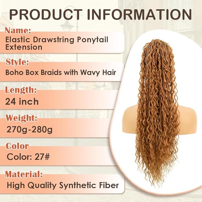 Drawstring Ponytail for Women Boho Box Braids with Long Wavy Hair Ponytail Extension Synthetic Hair Extensions Ponytail for Daily Use (27#, 24 Inch)