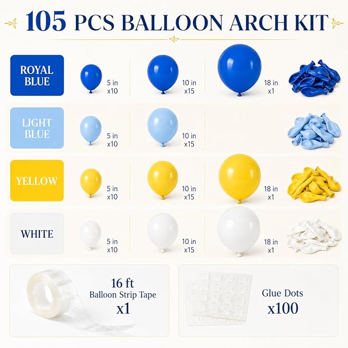 Blue White Yellow Balloon Arch Kit, Graduation Yellow Royal Blue Latex Party - Image 3