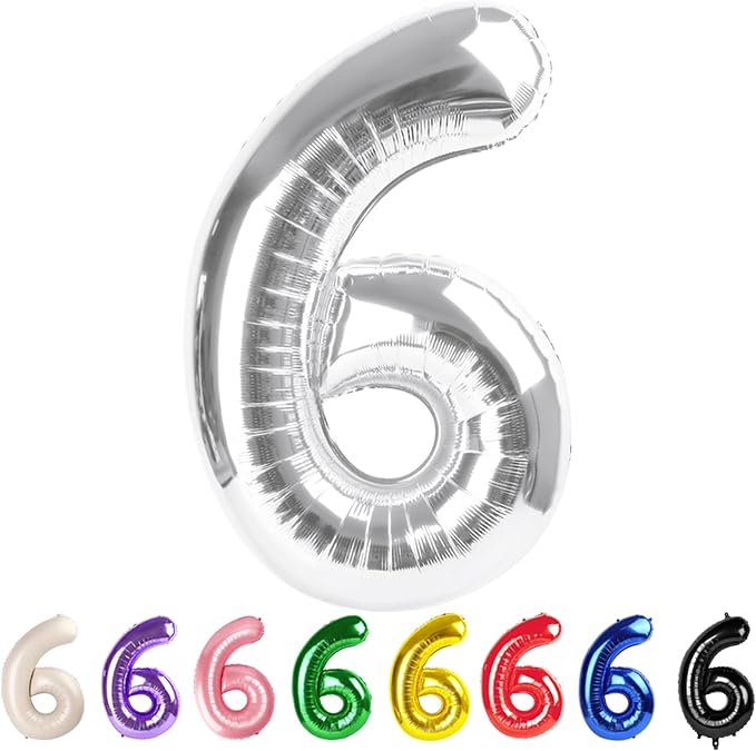 6 Balloon Numbers Party Decorations, 40In Silver Balloons by Mluchee