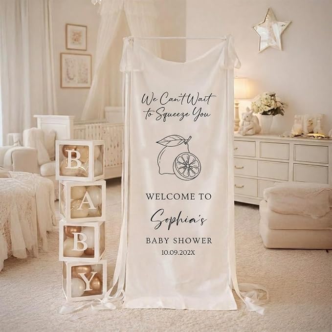 Personalized We Can't Wait to Squeeze You Baby Shower Fabric Sign Backdrop | - Image 3
