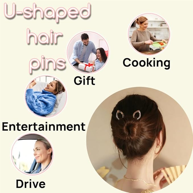 Prestige Hair Pins,French U-Shaped Hair pin 3Pack Elegant Women Hair Accessories Suitable for Thick or Thin Hair (Black, Leopard print, Blue)