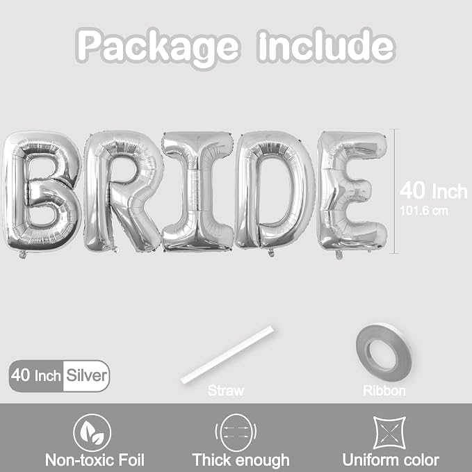 40 Inch Silver BRIDE Letter Foil Balloons, Giant Mylar Helium Balloons - Image 2