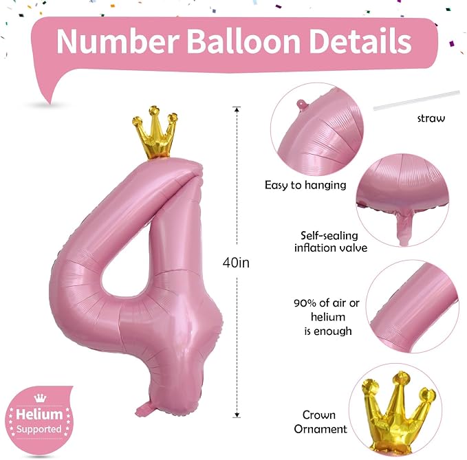 Crown Number Balloons 4 for Kids, Large Pastel Pink Number Balloon 0-9 Set - Image 2