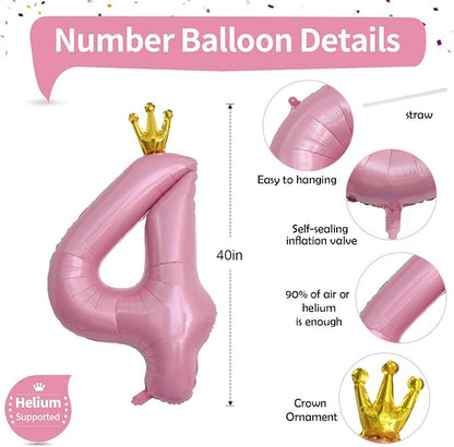 Crown Number Balloons 4 for Kids, Large Pastel Pink Number Balloon 0-9 Set - Image 2