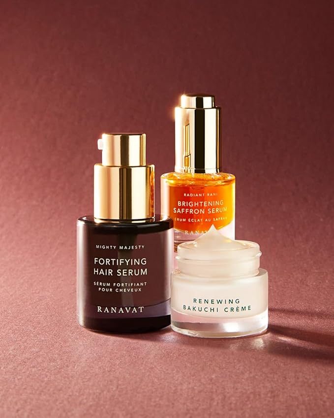 RANAVAT Royal Trio Travel Size Gift Set - Set Includes Brightening Saffron Face Serum, Renewing Bakuchi Face Cream & Fortifying Hair Serum - Clinically Tested Vegan Skincare & Haircare (3 Count)
