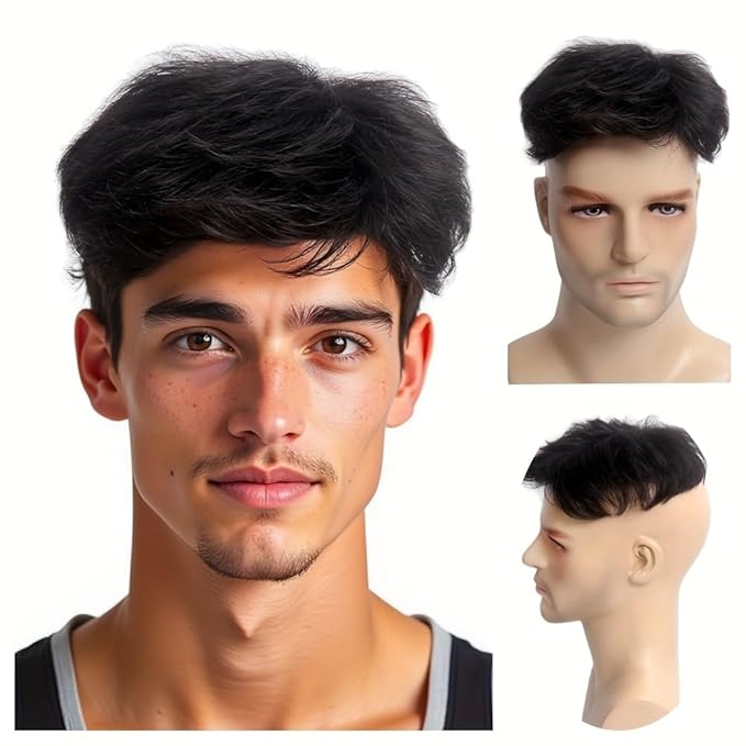 H&Bwig Men Short Toppers Hairpiece Hair Extensions (Natural Black) for Covering White Loss Hair Toupee