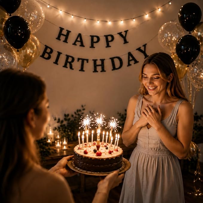 Happy Birthday Banner Black Glitter Birthday Party Banner Pre-Strung | Happy - Image 6