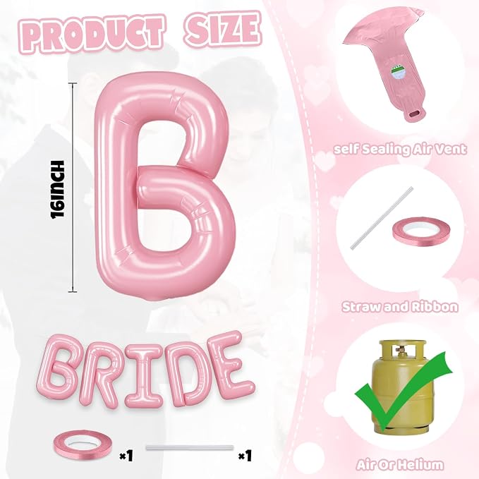 BRIDE Balloons Bachelorette Party Decorations, 16 Inch Pearl Pink Bride Letter - Image 2