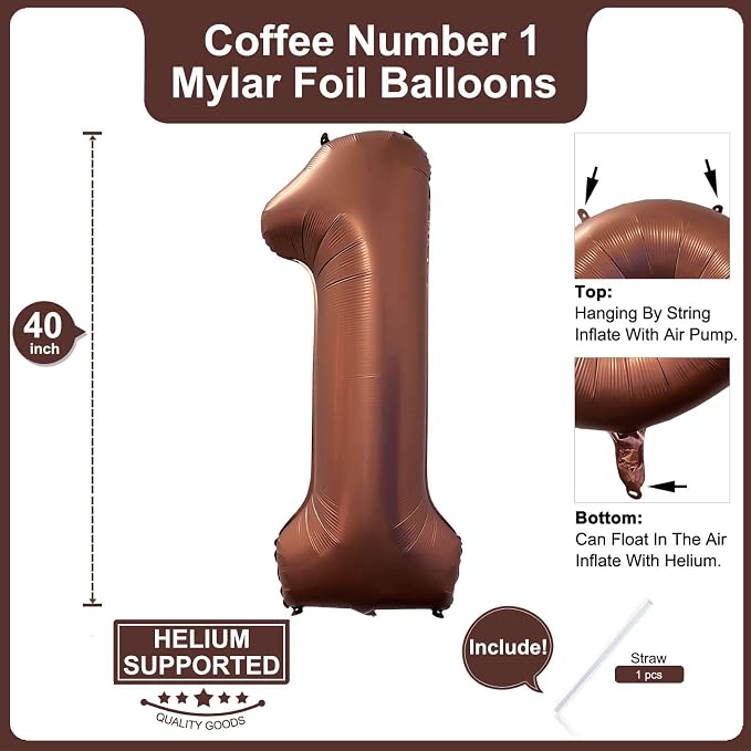 40 Inch Coffee Brown Number 1 Balloon Large Size Jumbo Digit Mylar Foil Retro - Image 2