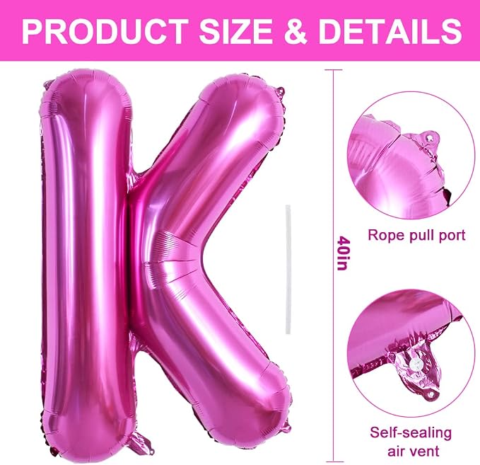TONIFUL 40 Inch Large Rose Red Letter K Balloons Giant Hot Pink Alphabet Letter - Image 2